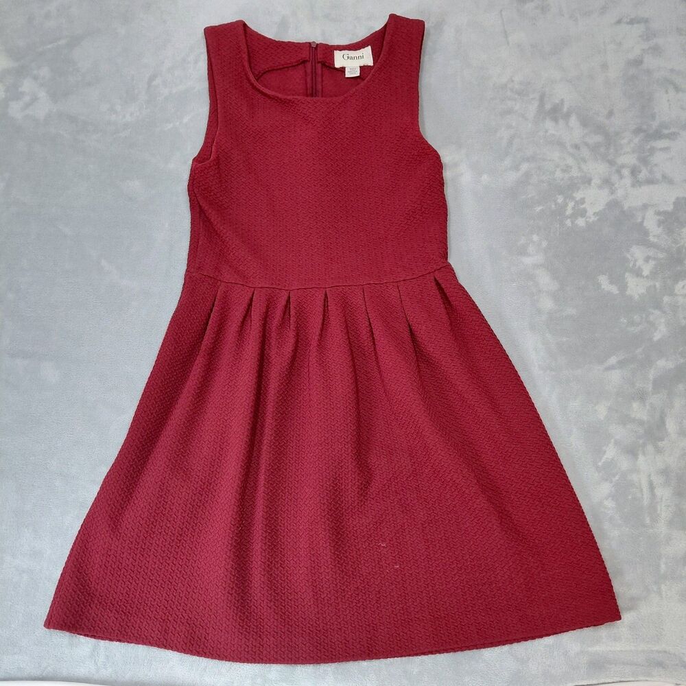 Ganni M Cranberry Red Waffle Textured Sleeveless Pleated Skater Mini Dress FLAW